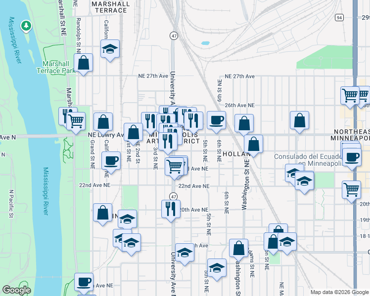map of restaurants, bars, coffee shops, grocery stores, and more near 338 24th Avenue Northeast in Minneapolis