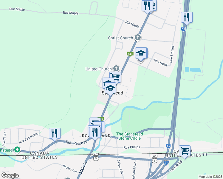 map of restaurants, bars, coffee shops, grocery stores, and more near 451 Rue Dufferin in Stanstead