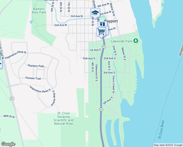 map of restaurants, bars, coffee shops, grocery stores, and more near 410 4th Street South in Bayport
