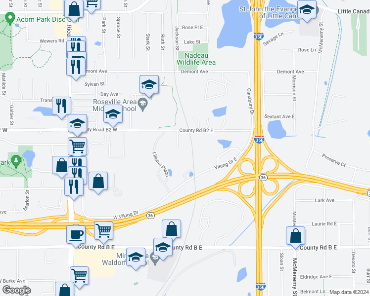map of restaurants, bars, coffee shops, grocery stores, and more near 2350 Jackson Street in Little Canada