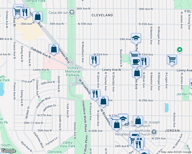 map of restaurants, bars, coffee shops, grocery stores, and more near 3019 North Upton Avenue in Minneapolis