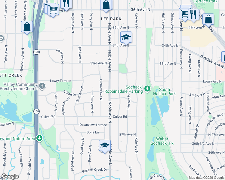 map of restaurants, bars, coffee shops, grocery stores, and more near 3025 Noble Avenue North in Minneapolis