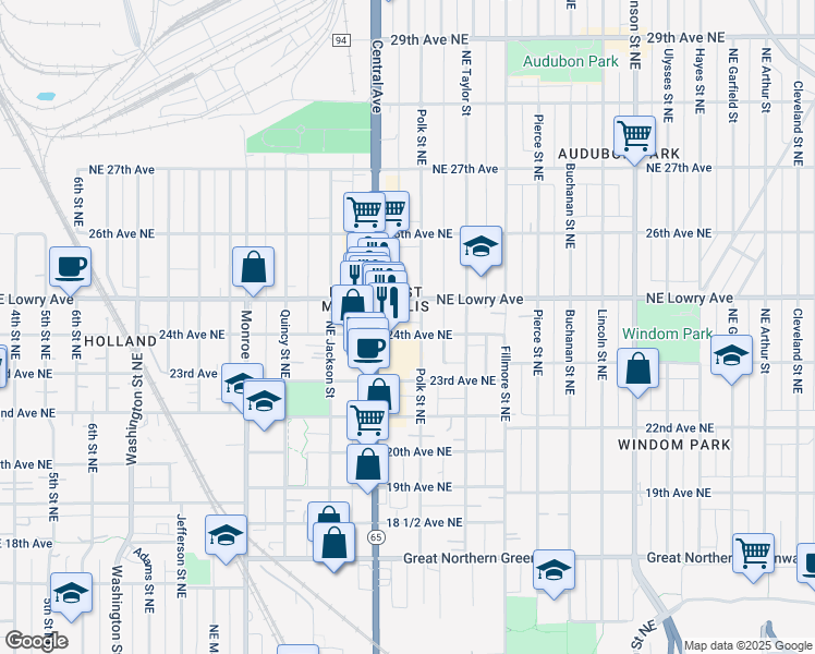 map of restaurants, bars, coffee shops, grocery stores, and more near 958 24th Avenue Northeast in Minneapolis