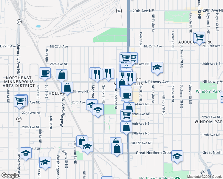 map of restaurants, bars, coffee shops, grocery stores, and more near 2345 Quincy Street Northeast in Minneapolis