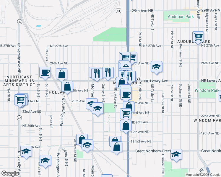 map of restaurants, bars, coffee shops, grocery stores, and more near 2345 Quincy Street Northeast in Minneapolis