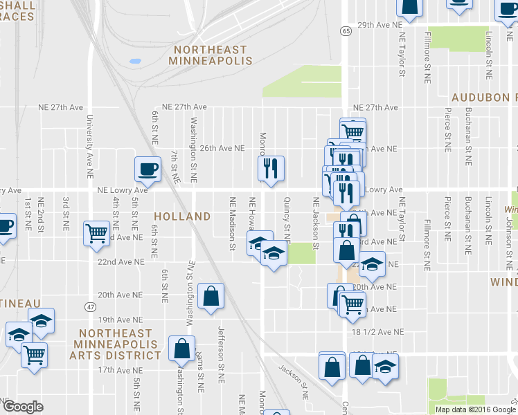 map of restaurants, bars, coffee shops, grocery stores, and more near 708 24th Avenue Northeast in Minneapolis