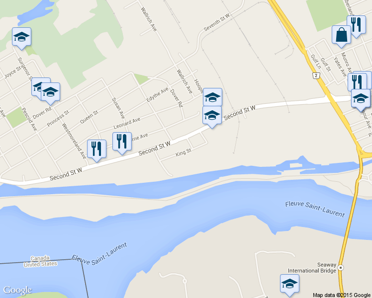 map of restaurants, bars, coffee shops, grocery stores, and more near 10 King Street in Cornwall