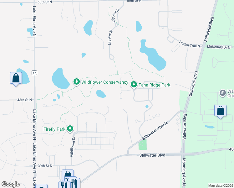map of restaurants, bars, coffee shops, grocery stores, and more near 4348 Lily Avenue North in Lake Elmo