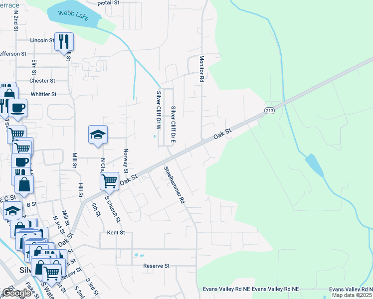 map of restaurants, bars, coffee shops, grocery stores, and more near 1045 Oak Street in Silverton