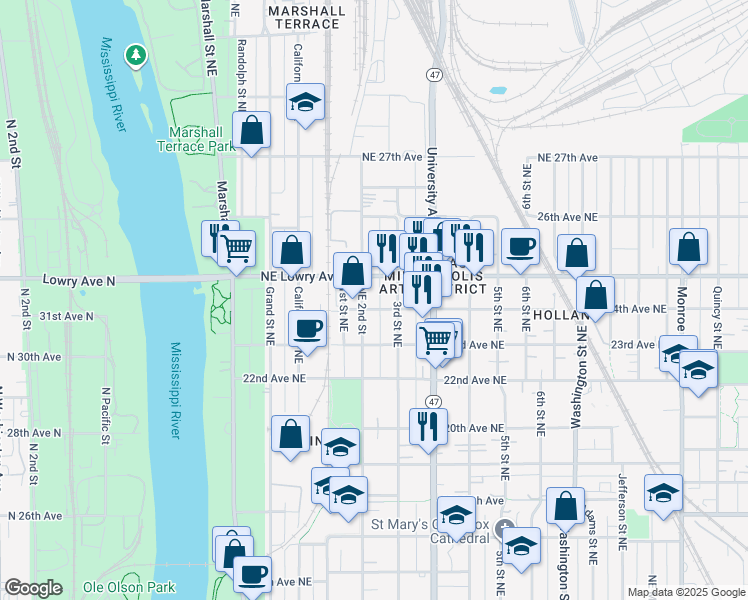 map of restaurants, bars, coffee shops, grocery stores, and more near 2327 Northeast 2nd Street in Minneapolis
