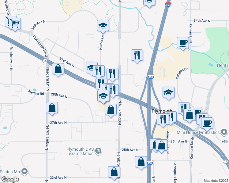 map of restaurants, bars, coffee shops, grocery stores, and more near Highway 55 in Plymouth