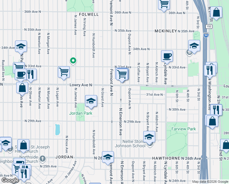 map of restaurants, bars, coffee shops, grocery stores, and more near 3018 North Fremont Avenue in Minneapolis