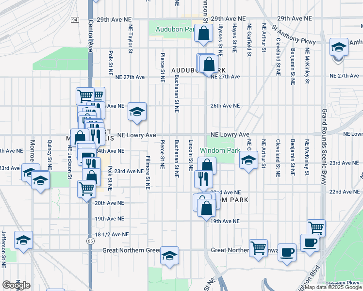 map of restaurants, bars, coffee shops, grocery stores, and more near 2314 Buchanan Street Northeast in Minneapolis