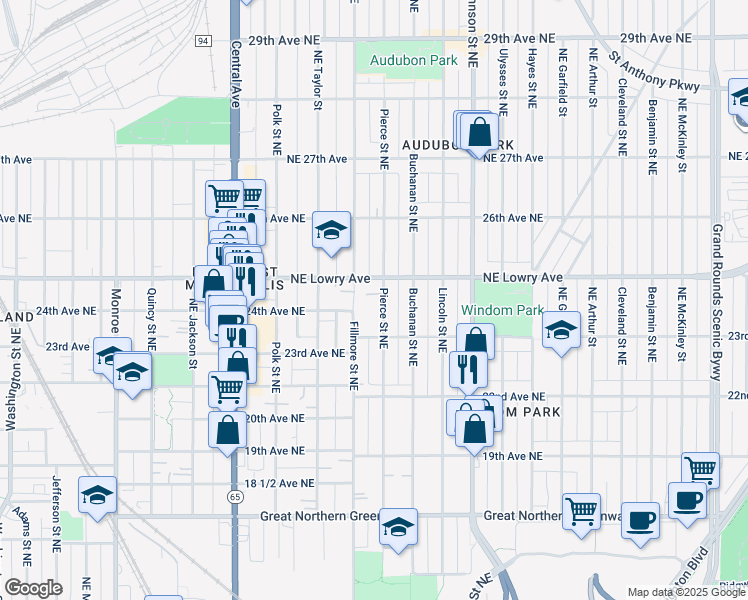 map of restaurants, bars, coffee shops, grocery stores, and more near 2314 Pierce Street Northeast in Minneapolis