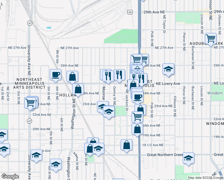 map of restaurants, bars, coffee shops, grocery stores, and more near 708 24th Avenue Northeast in Minneapolis