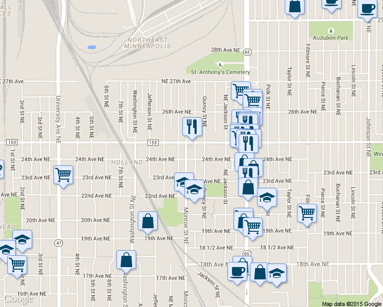 map of restaurants, bars, coffee shops, grocery stores, and more near 708 24th Avenue Northeast in Minneapolis