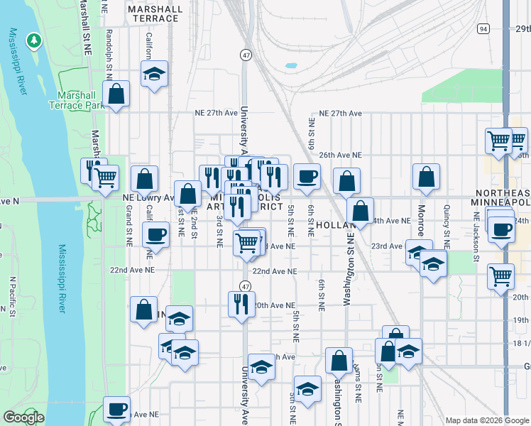 map of restaurants, bars, coffee shops, grocery stores, and more near 338 24th Avenue Northeast in Minneapolis
