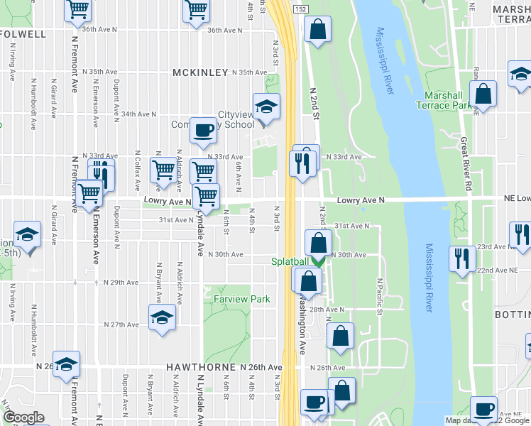 map of restaurants, bars, coffee shops, grocery stores, and more near 301 31st Avenue North in Minneapolis