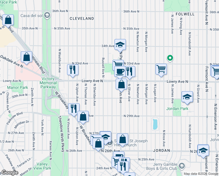 map of restaurants, bars, coffee shops, grocery stores, and more near 3018 Russell Avenue North in Minneapolis