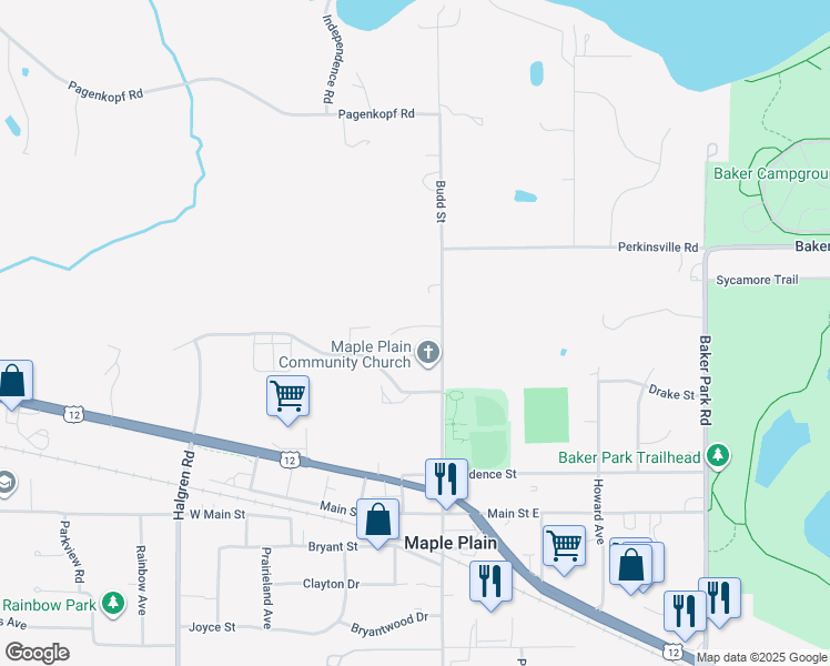 map of restaurants, bars, coffee shops, grocery stores, and more near 1839 Budd Avenue North in Maple Plain
