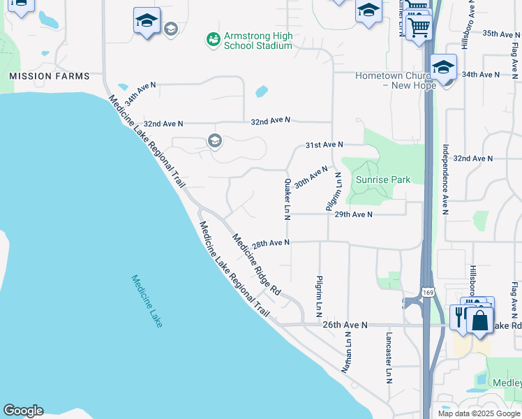 map of restaurants, bars, coffee shops, grocery stores, and more near 2805 Revere Circle North in Minneapolis
