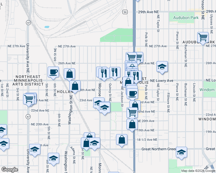 map of restaurants, bars, coffee shops, grocery stores, and more near 708 24th Avenue Northeast in Minneapolis