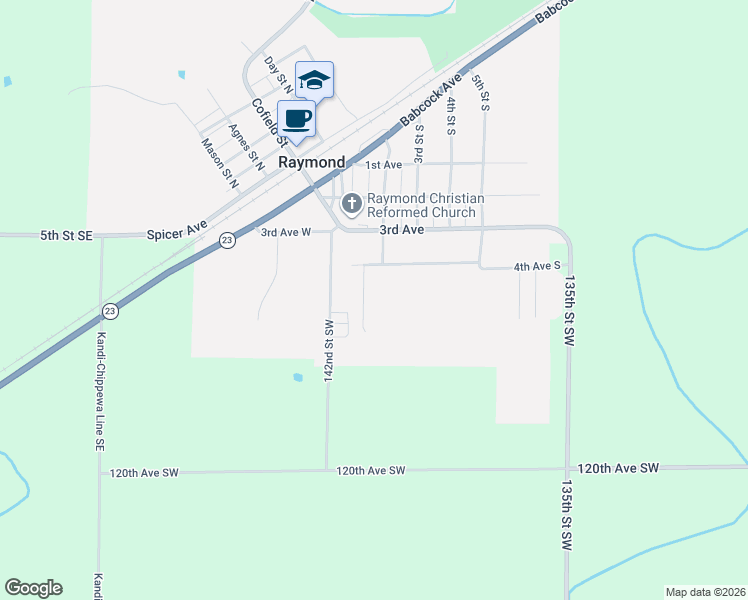 map of restaurants, bars, coffee shops, grocery stores, and more near 421 1st Street South in Raymond