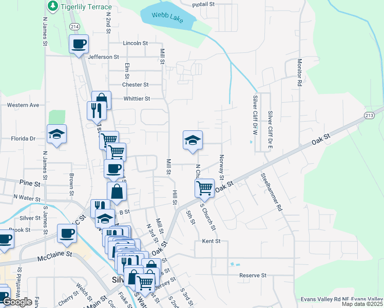 map of restaurants, bars, coffee shops, grocery stores, and more near 425 North Church Street in Silverton