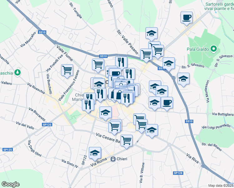 map of restaurants, bars, coffee shops, grocery stores, and more near 4 Piazza Umberto in Chieri