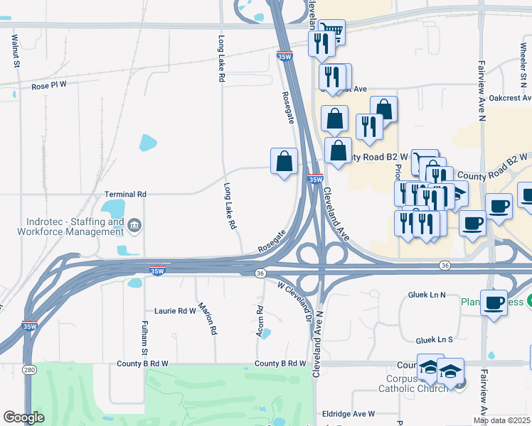 map of restaurants, bars, coffee shops, grocery stores, and more near 2381 Rosegate in Roseville