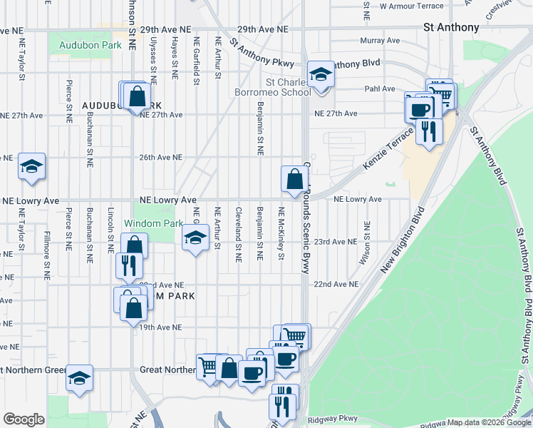 map of restaurants, bars, coffee shops, grocery stores, and more near 2318 Northeast Benjamin Street in Minneapolis