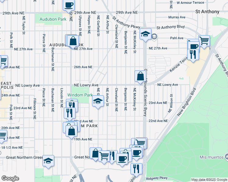 map of restaurants, bars, coffee shops, grocery stores, and more near 2318 Northeast Cleveland Street in Minneapolis
