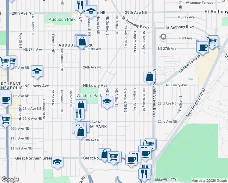 map of restaurants, bars, coffee shops, grocery stores, and more near 2314 Northeast Arthur Street in Minneapolis