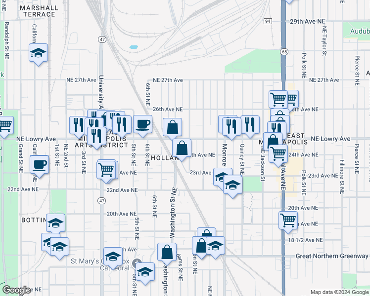 map of restaurants, bars, coffee shops, grocery stores, and more near 112 Washington Street Northeast in Minneapolis