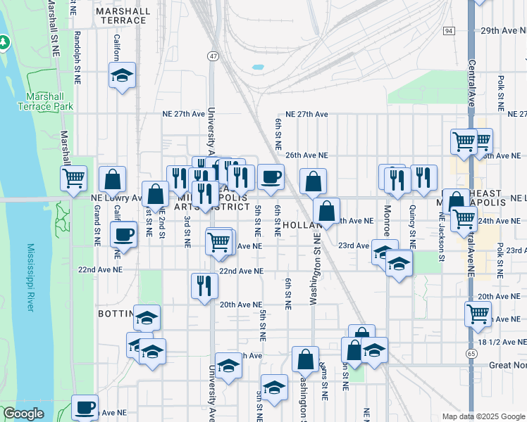 map of restaurants, bars, coffee shops, grocery stores, and more near 2326 6th Street Northeast in Minneapolis