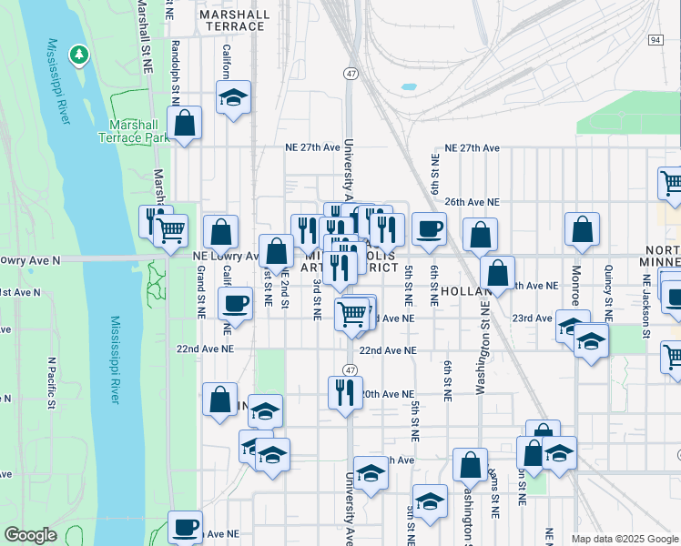 map of restaurants, bars, coffee shops, grocery stores, and more near 2321 3rd Street Northeast in Minneapolis