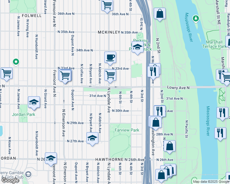 map of restaurants, bars, coffee shops, grocery stores, and more near 3101 North 6th Street in Minneapolis