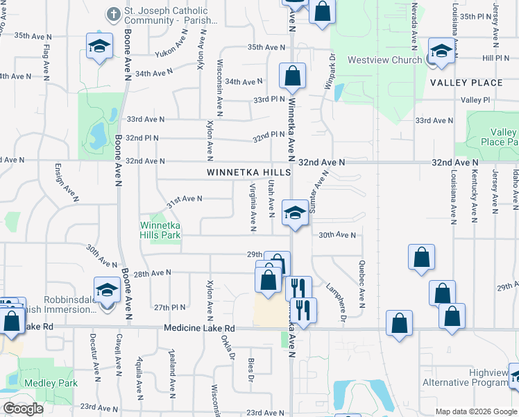 map of restaurants, bars, coffee shops, grocery stores, and more near 3018 Virginia Avenue North in Minneapolis