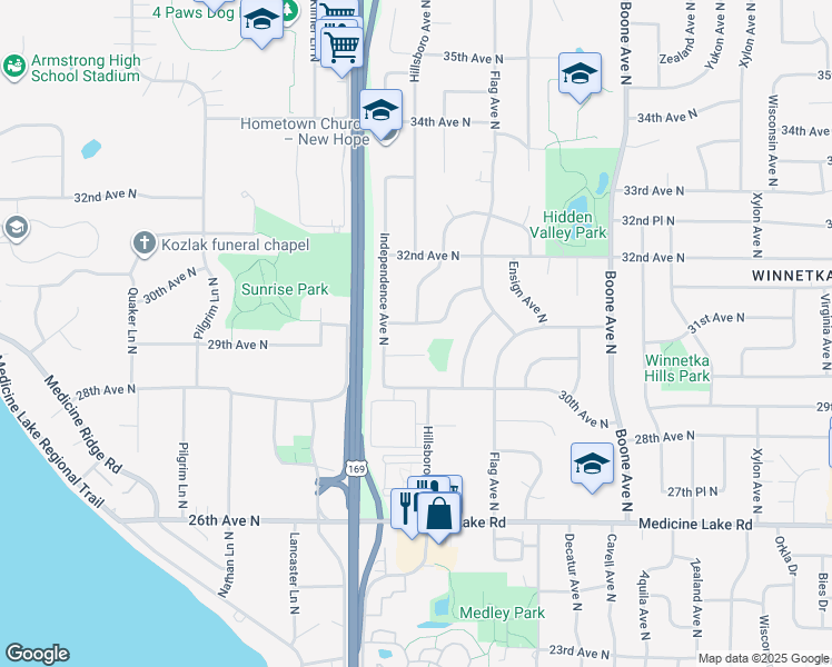 map of restaurants, bars, coffee shops, grocery stores, and more near 3018 Independence Avenue North in Minneapolis