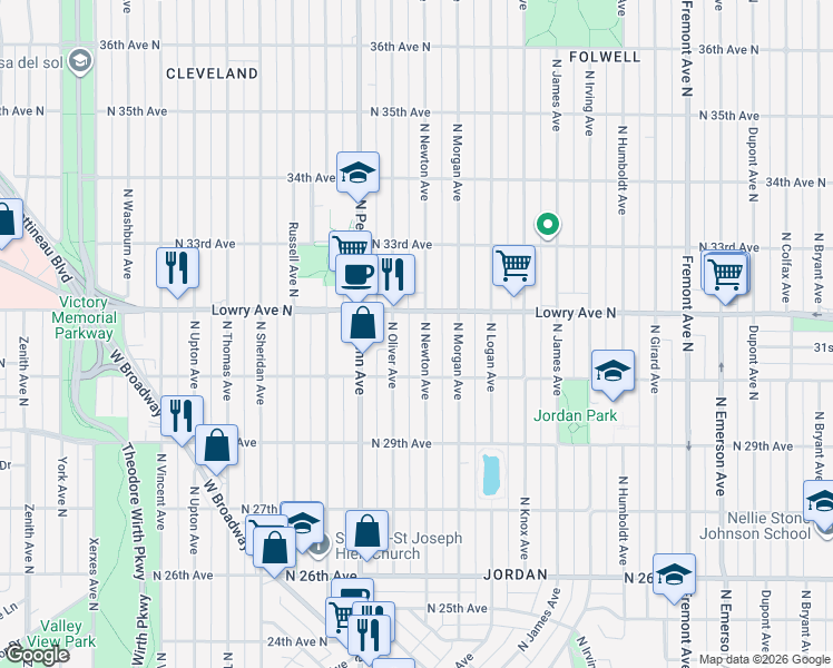 map of restaurants, bars, coffee shops, grocery stores, and more near 3019 North Newton Avenue in Minneapolis