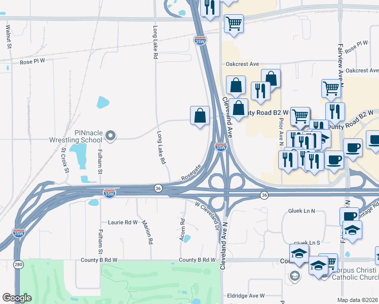 map of restaurants, bars, coffee shops, grocery stores, and more near 2381 Rosegate in Roseville