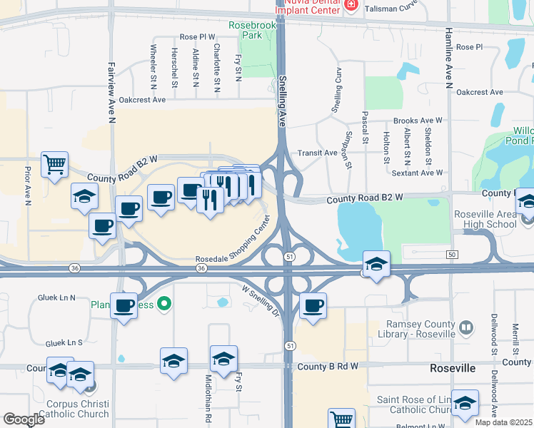 map of restaurants, bars, coffee shops, grocery stores, and more near 1607 Rosedale Shopping Center in Roseville