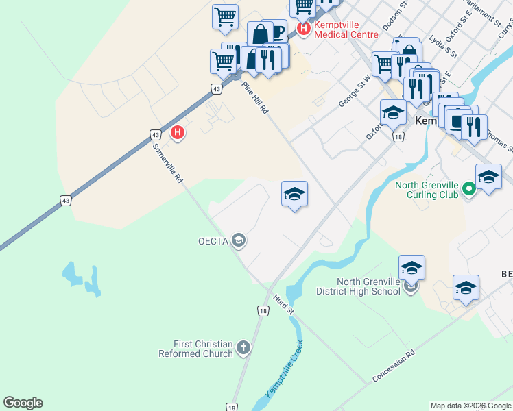 map of restaurants, bars, coffee shops, grocery stores, and more near 29 Cranberry Crescent in Kemptville