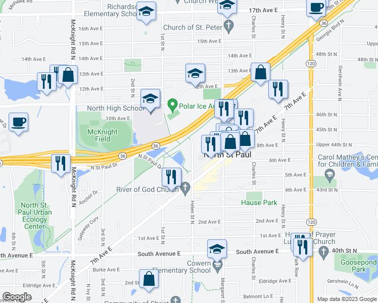 map of restaurants, bars, coffee shops, grocery stores, and more near 2365 Helen Street North in North Saint Paul