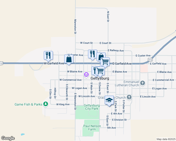 map of restaurants, bars, coffee shops, grocery stores, and more near 101-199 North Platte Street in Gettysburg