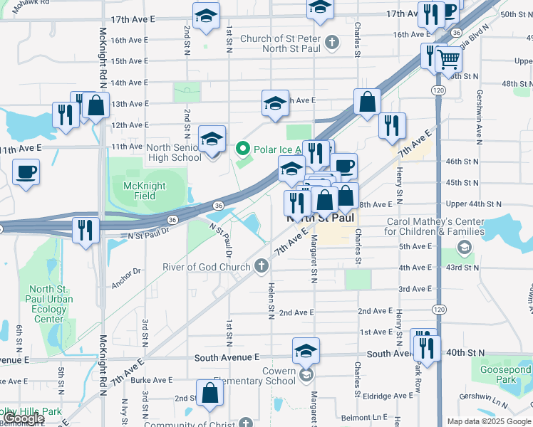 map of restaurants, bars, coffee shops, grocery stores, and more near 2365 Helen Street North in North Saint Paul