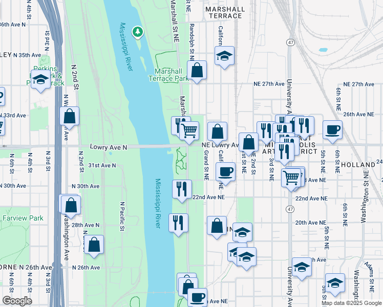 map of restaurants, bars, coffee shops, grocery stores, and more near 2419 Marshall Street Northeast in Minneapolis