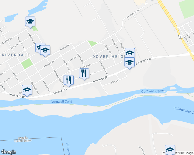 map of restaurants, bars, coffee shops, grocery stores, and more near 1100 Second Street West in Cornwall