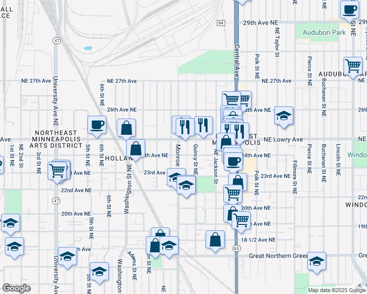 map of restaurants, bars, coffee shops, grocery stores, and more near 708 24th Avenue Northeast in Minneapolis