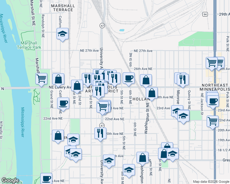 map of restaurants, bars, coffee shops, grocery stores, and more near 412 24th Avenue Northeast in Minneapolis